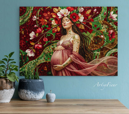 Framed Canvas- Vibrant Magnolia Flowers Beautiful Brunette Pregnant Woman’s Abstract Portrait Mosaic Original Artwork Fantasy Wall Art Print Mother Nature
