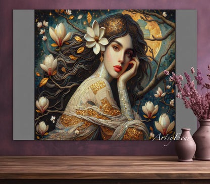 Framed Canvas- Vibrant Magnolia Flowers Beautiful Brunette Woman’s Abstract Portrait Mosaic Original Artwork Fantasy Wall Art Print
