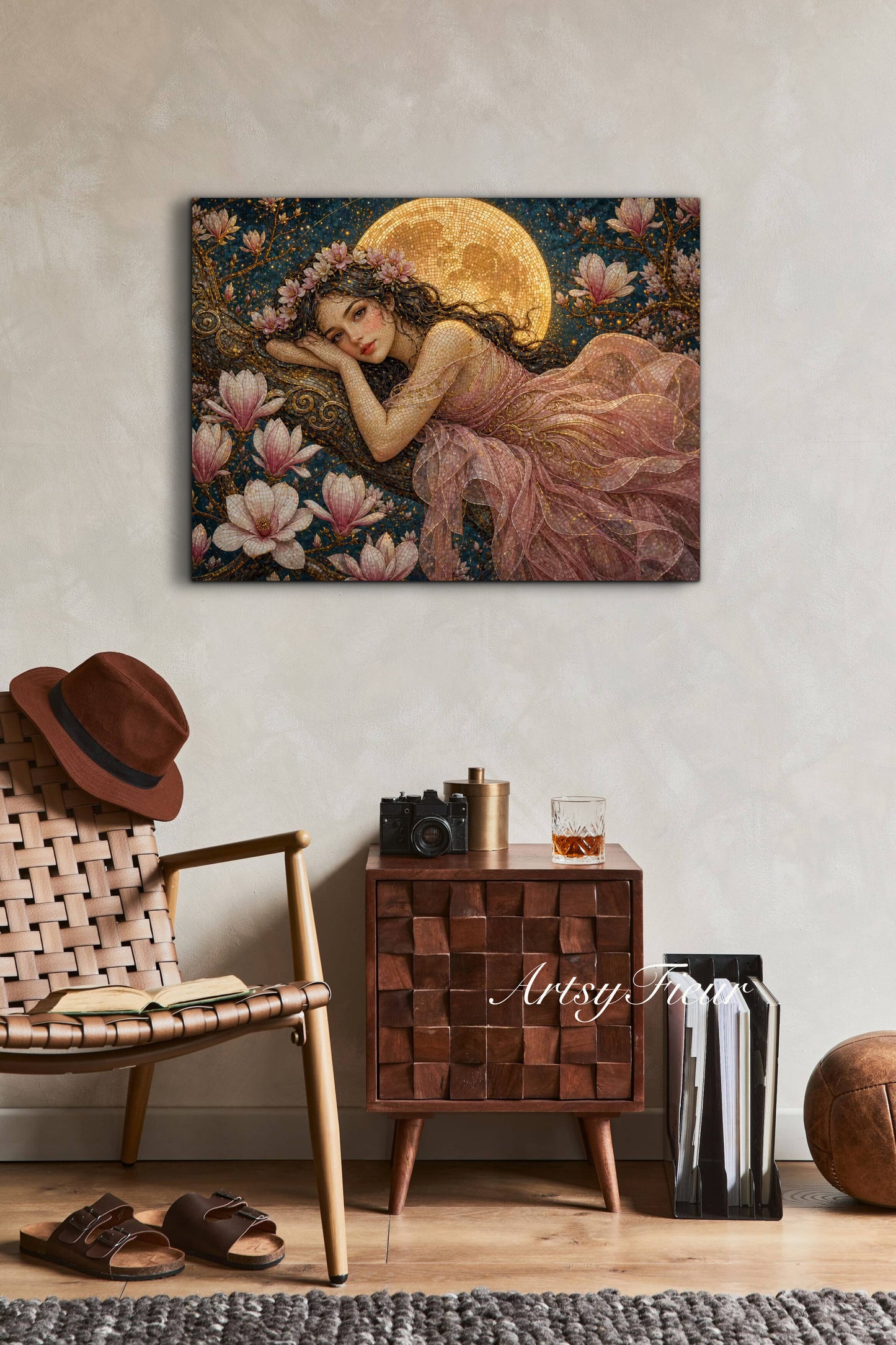 Framed Canvas- Vibrant Magnolia Flowers Beautiful Brunette Woman’s Portrait Mosaic Original Artwork Fantasy Wall Art Whimsical Full Moon