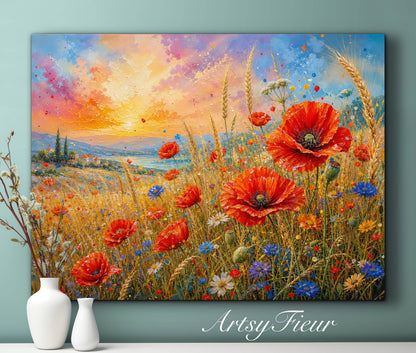 Framed Canvas Print- Vibrant Wildflowers and Poppies Oil Painting Textured Wall Art , Beautiful Original Artwork Ready to Hang Living Room, Floral