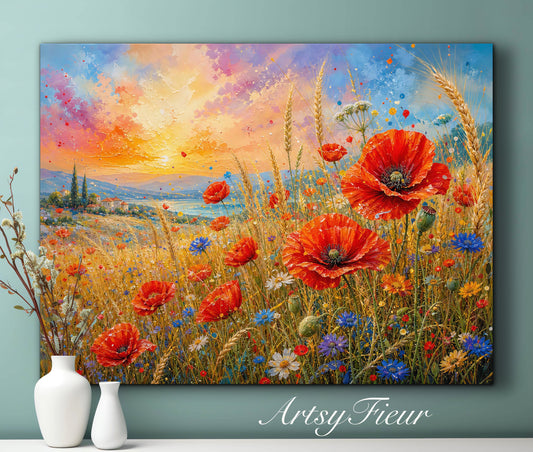 Framed Canvas Print- Vibrant Wildflowers and Poppies Oil Painting Textured Wall Art , Beautiful Original Artwork Ready to Hang Living Room, Floral