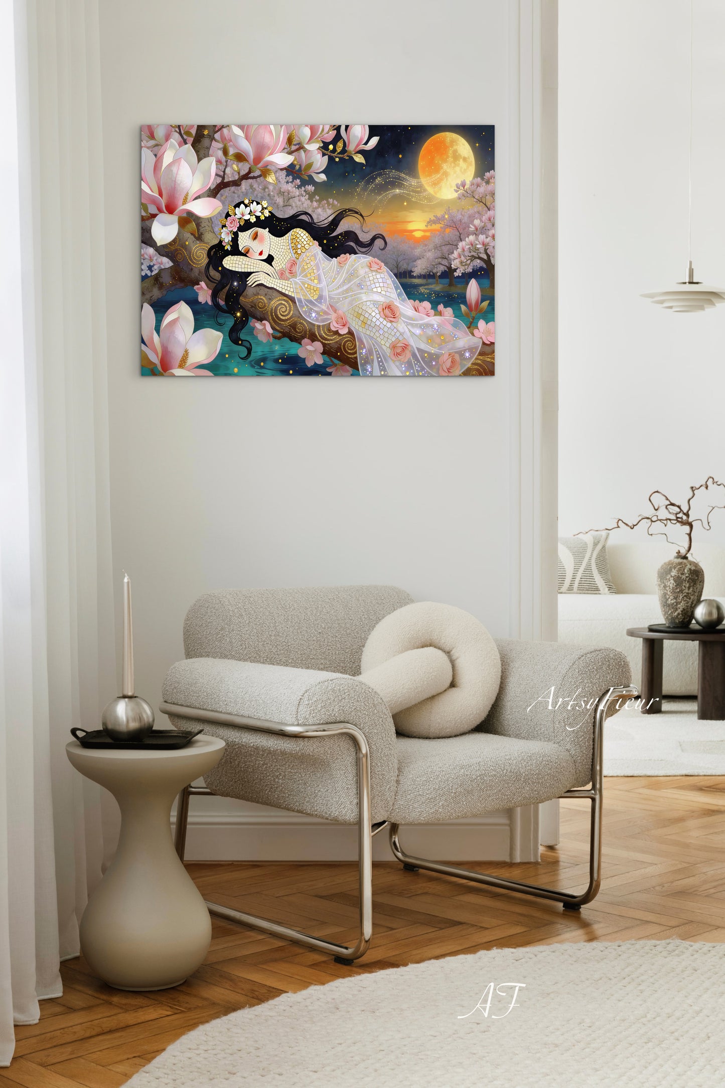 Framed Canvas- Vibrant Magnolia Flowers Beautiful Brunette Woman’s Abstract Portrait Mosaic Original Artwork Fantasy Wall Art Print
