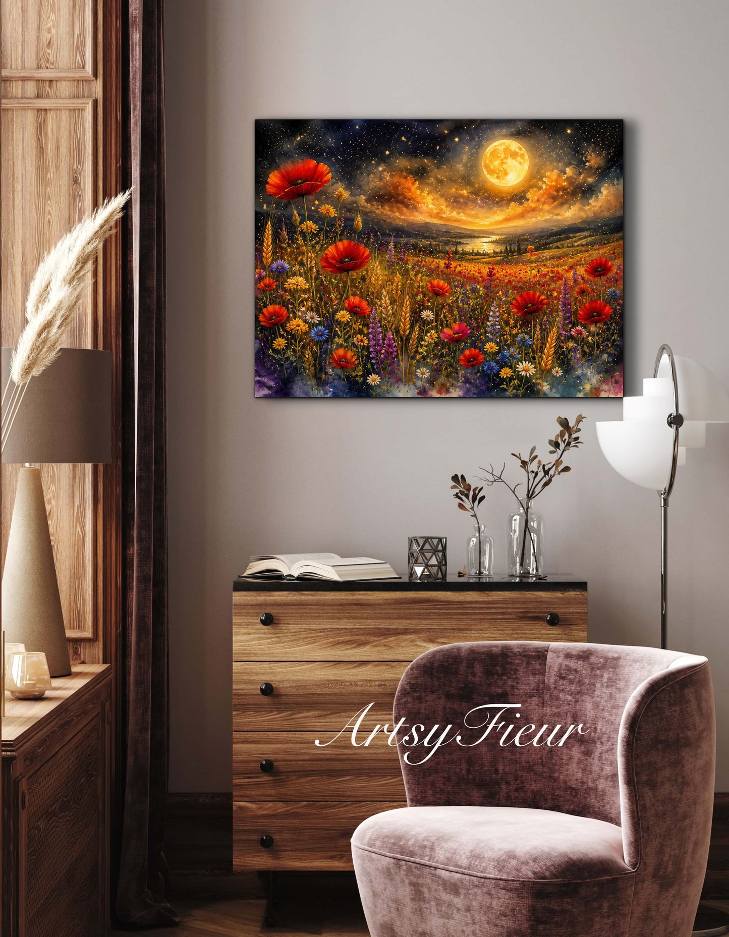 Framed Canvas Print- Vibrant Wildflowers and Poppies Oil Painting Textured Wall Art , Beautiful Original Artwork Ready to Hang Living Room, Floral