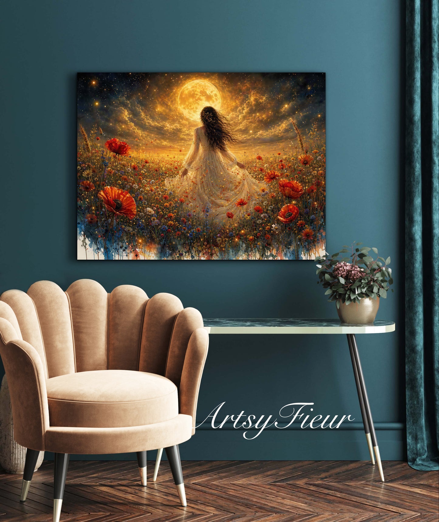 Framed Canvas - Vibrant poppies and wildflowers Whimsical Full Moon starry night sky Bride in Poppy Field, Wall Art Ready to hang original Artwork Print