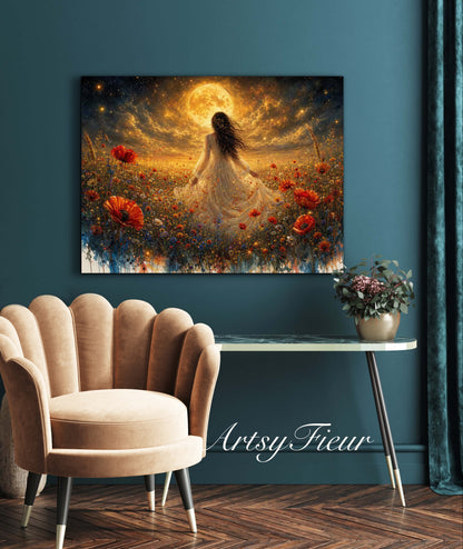 Framed Canvas - Vibrant poppies and wildflowers Whimsical Full Moon starry night sky Bride in Poppy Field, Wall Art Ready to hang original Artwork Print