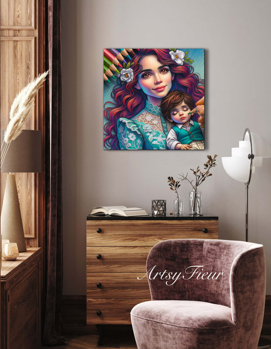 Framed canvas- ready to hang wall art print, colourful drawing abstract portrait mother and son vibrant colours, dark hair brunette beautiful woman , mum and baby boy, motherhood, mothers day gift, unique original artwork