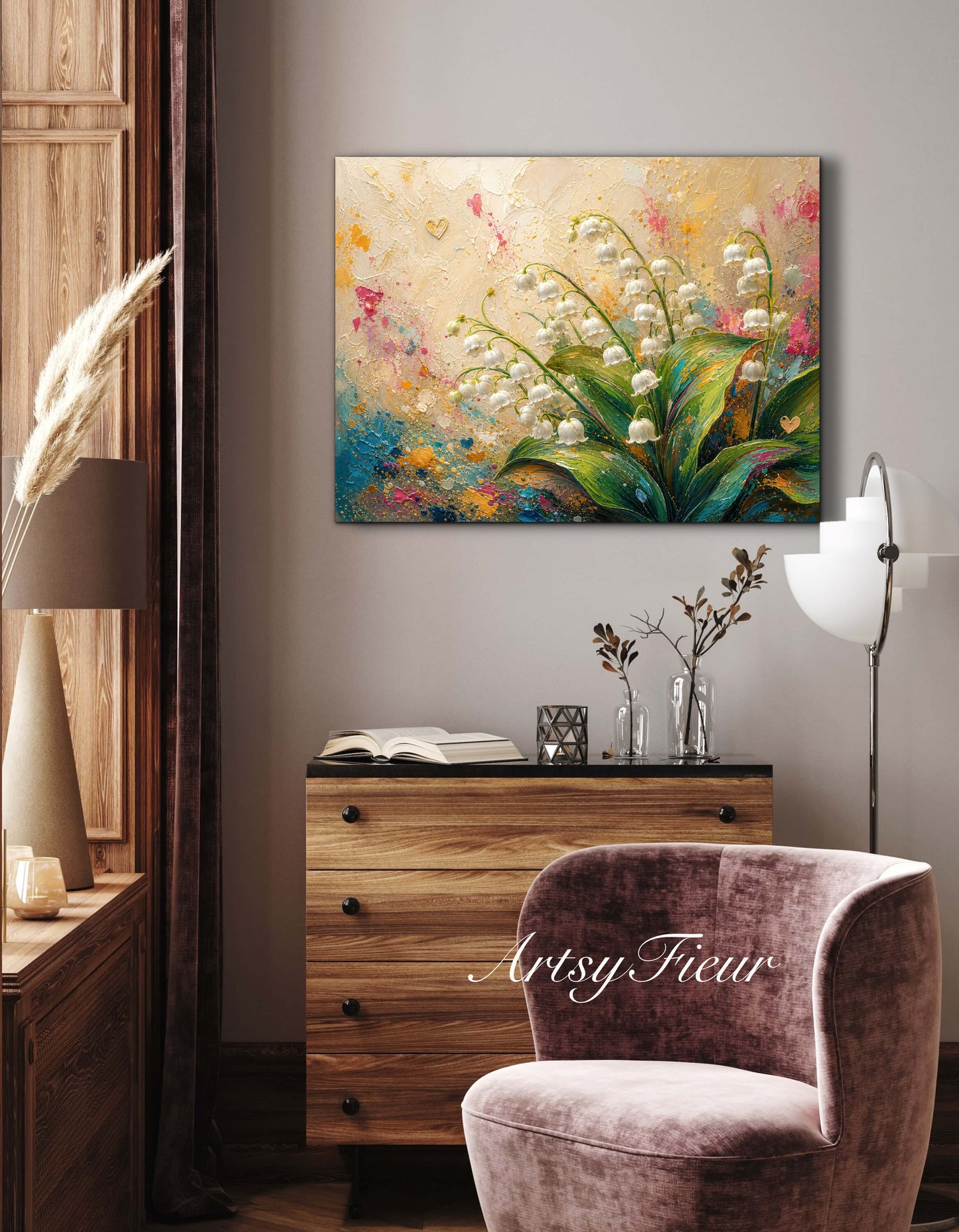 Framed Canvas Print- Vibrant Wildflowers and lily of the valley Oil Painting Textured Wall Art , Beautiful Original Artwork Ready to Hang Living Room, Floral