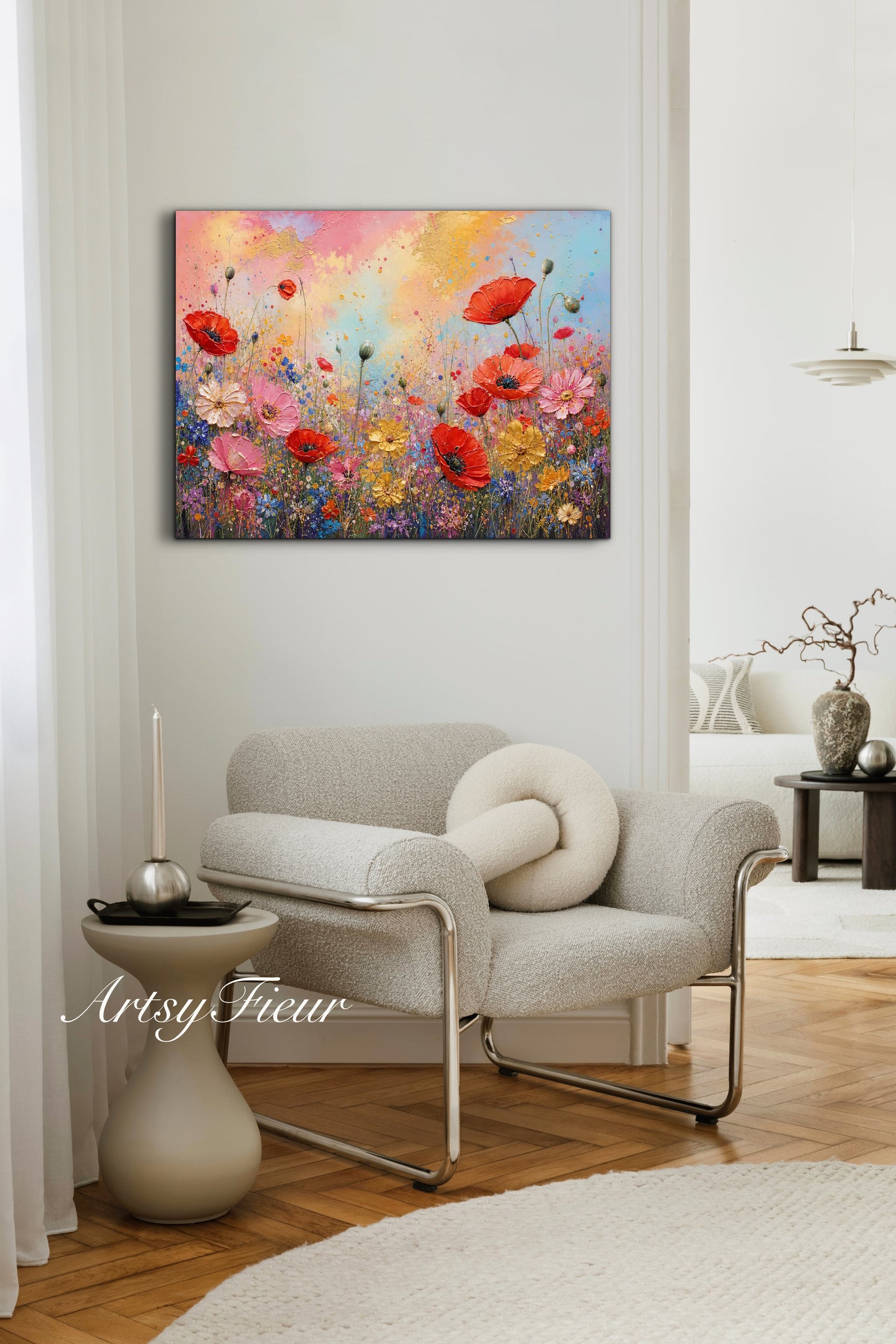 Framed canvas- ready to hand wall art print, beautiful vibrant colours watercolour fantasy painting wildflowers poppies floral landscape, unique gift, one of a kind original artwork