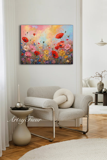 Framed canvas- ready to hand wall art print, beautiful vibrant colours watercolour fantasy painting wildflowers poppies floral landscape, unique gift, one of a kind original artwork