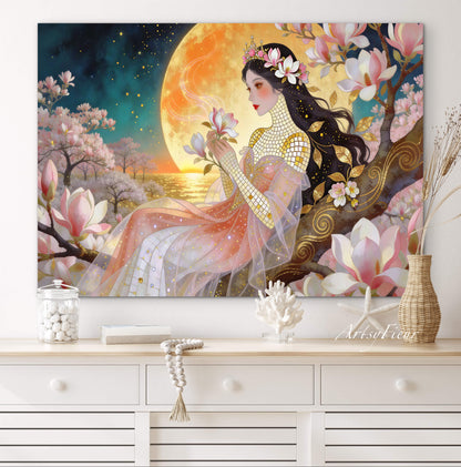 Framed Canvas- Vibrant Magnolia Flowers Beautiful Brunette Woman’s Abstract Portrait Mosaic Original Artwork Fantasy Wall Art Print