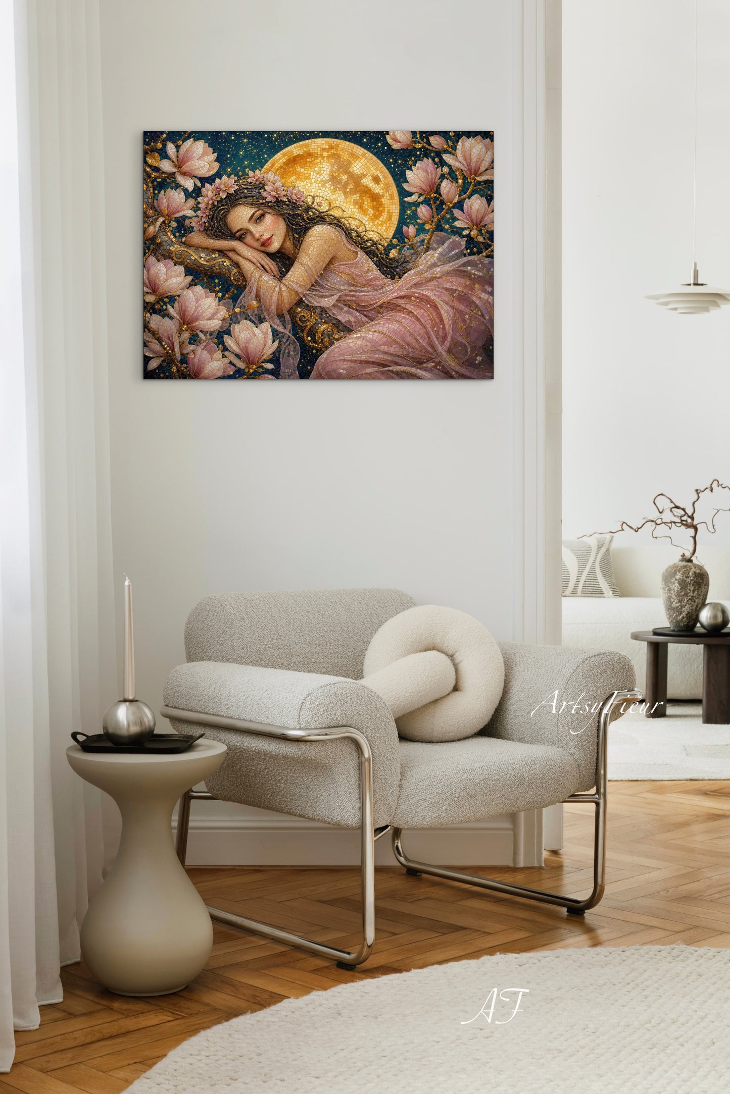 Framed Canvas- Vibrant Magnolia Flowers Beautiful Brunette Woman’s Abstract Portrait Mosaic Original Artwork Fantasy Wall Art Print