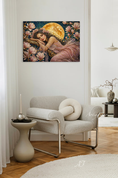 Framed Canvas- Vibrant Magnolia Flowers Beautiful Brunette Woman’s Abstract Portrait Mosaic Original Artwork Fantasy Wall Art Print