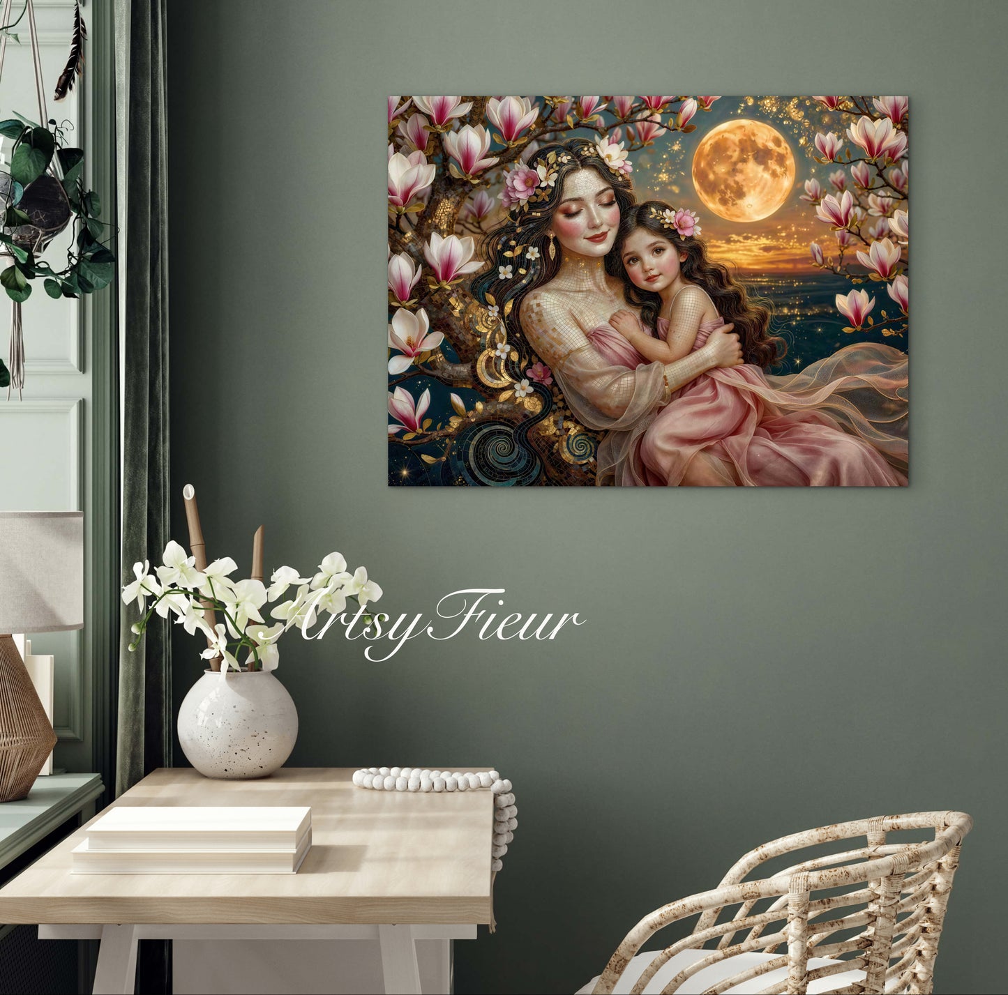 Framed Canvas- Vibrant Magnolia Flowers Mother and Daughter Portrait Original ArtworkFantasy Wall Art