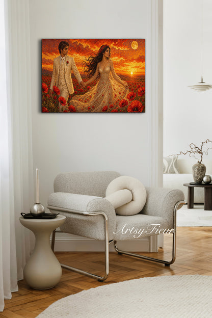 Framed canvas- whimsical full moon sunset -bride and groom, wedding, fantasy oil painting wall art print