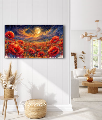 ArtsyFieur Framed Canvas - vibrant poppies whimsical lights full moon living room colourful wall art