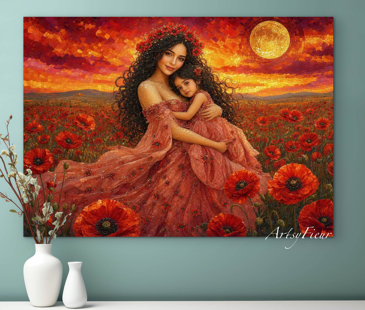 Framed Canvas- Vibrant Poppies Field Mother and Daughter Portrait Whimsical Full Moon Sunset Fantasy Oil Painting Wall Art Print