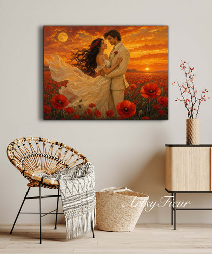 Framed canvas- whimsical full moon sunset bride and groom, wedding, poppy field, vibrant colours living room original artwork, fantasy oil painting wall art print