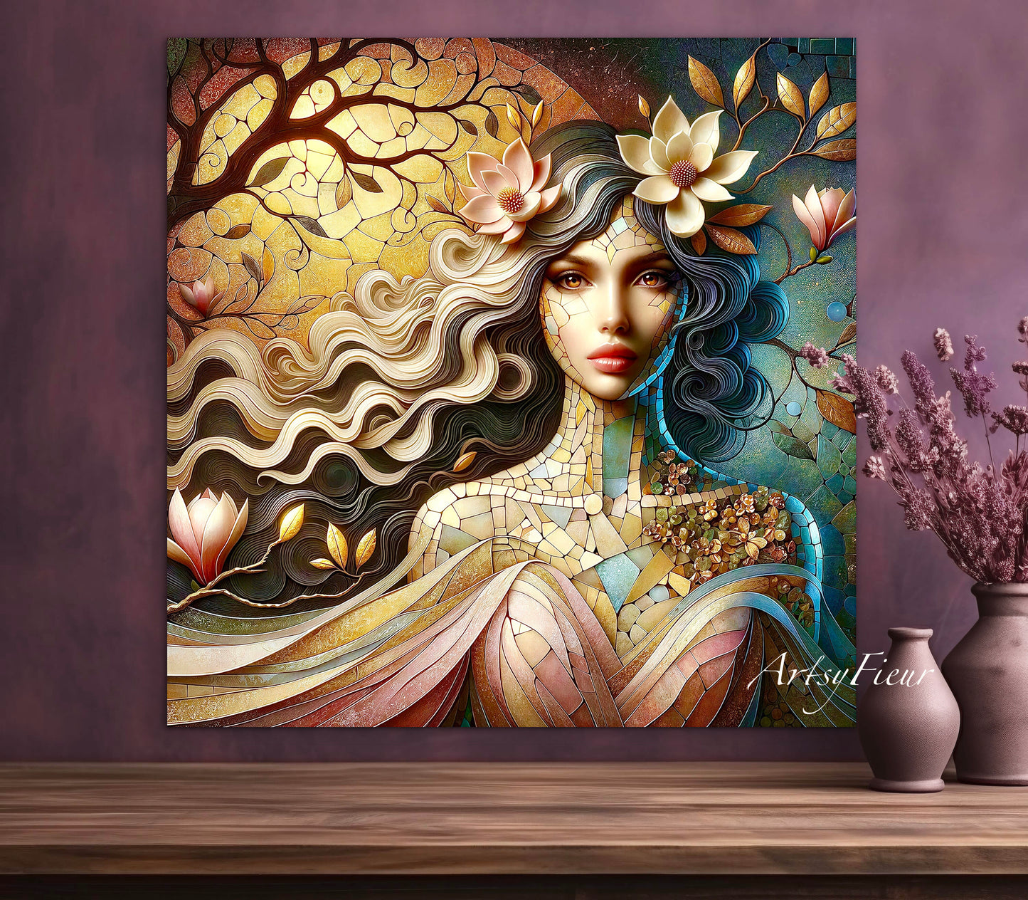 Framed canvas- Original Artwork Vibrant Magnolia Flowers Mosaic Portrait Beautiful Brunette Woman Wall Art Print