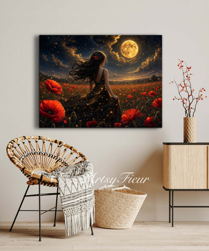 Framed Canvas - Vibrant Poppies Whimsical Full Moon Bride in Poppy Field, Wall Art Ready to hang Oil Painting Original Artwork Print Black Wedding Dress