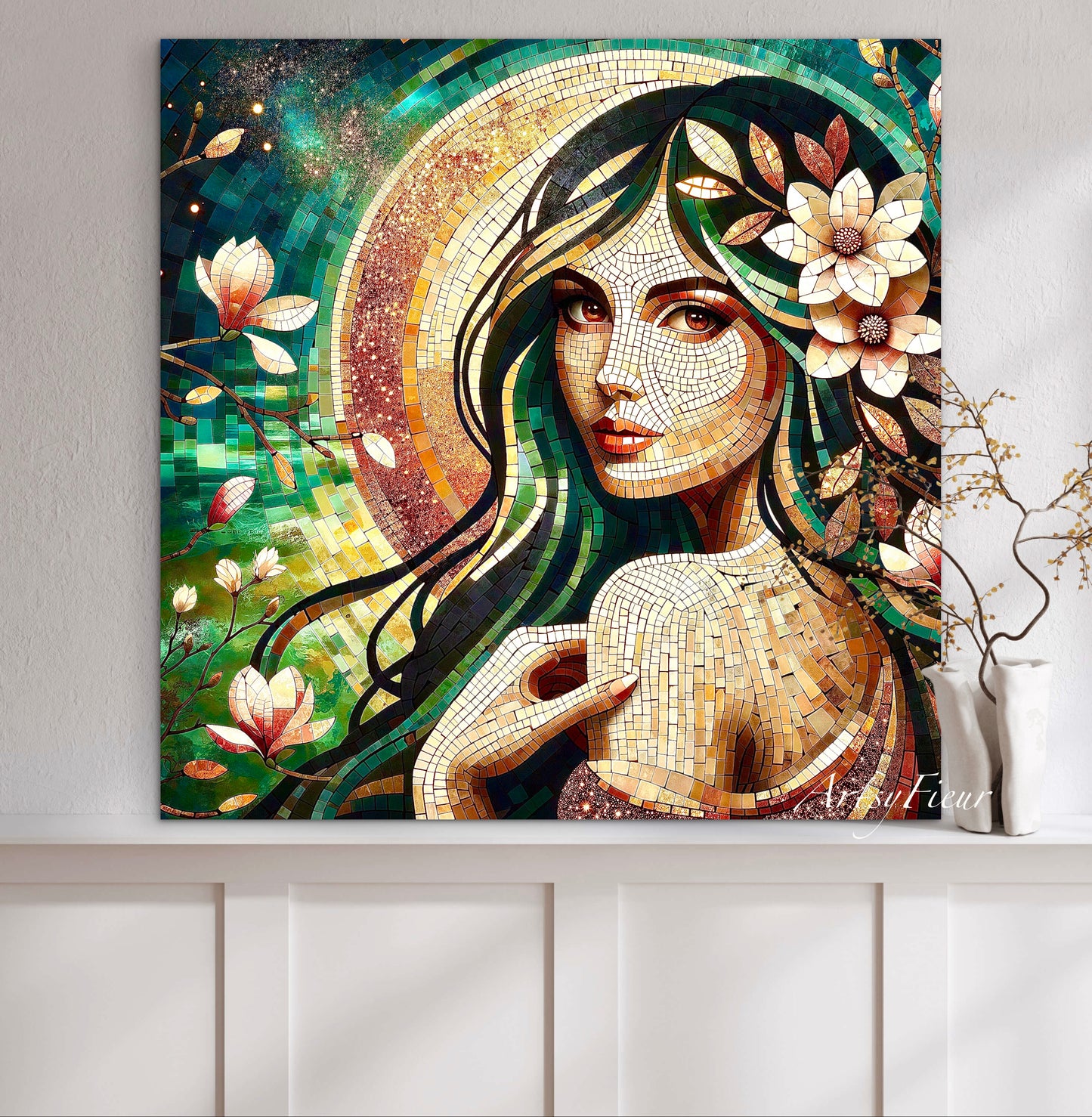Framed canvas- Original Artwork Vibrant Magnolia Flowers Mosaic Portrait Beautiful Brunette Woman Wall Art Print