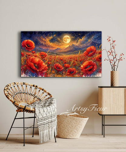 ArtsyFieur Framed Canvas - vibrant poppies whimsical lights full moon living room colourful wall art