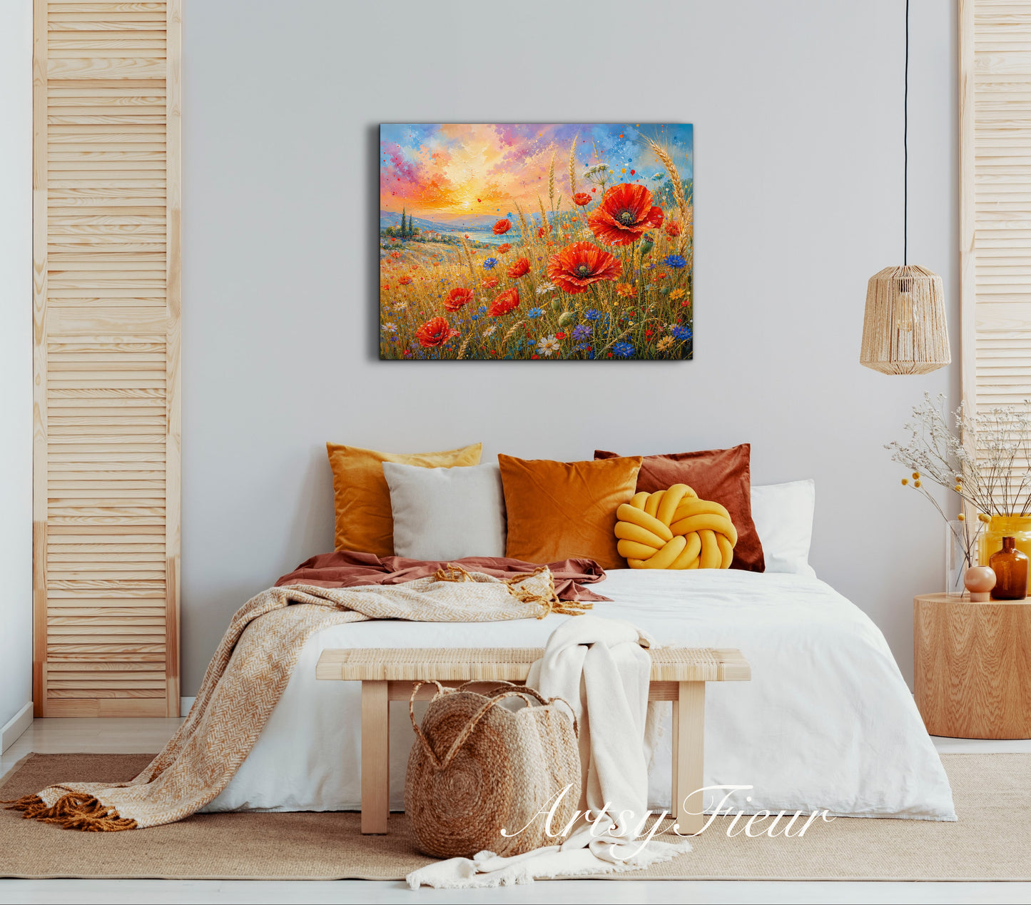 Framed Canvas Print- Vibrant Wildflowers and Poppies Oil Painting Textured Wall Art , Beautiful Original Artwork Ready to Hang Living Room, Floral