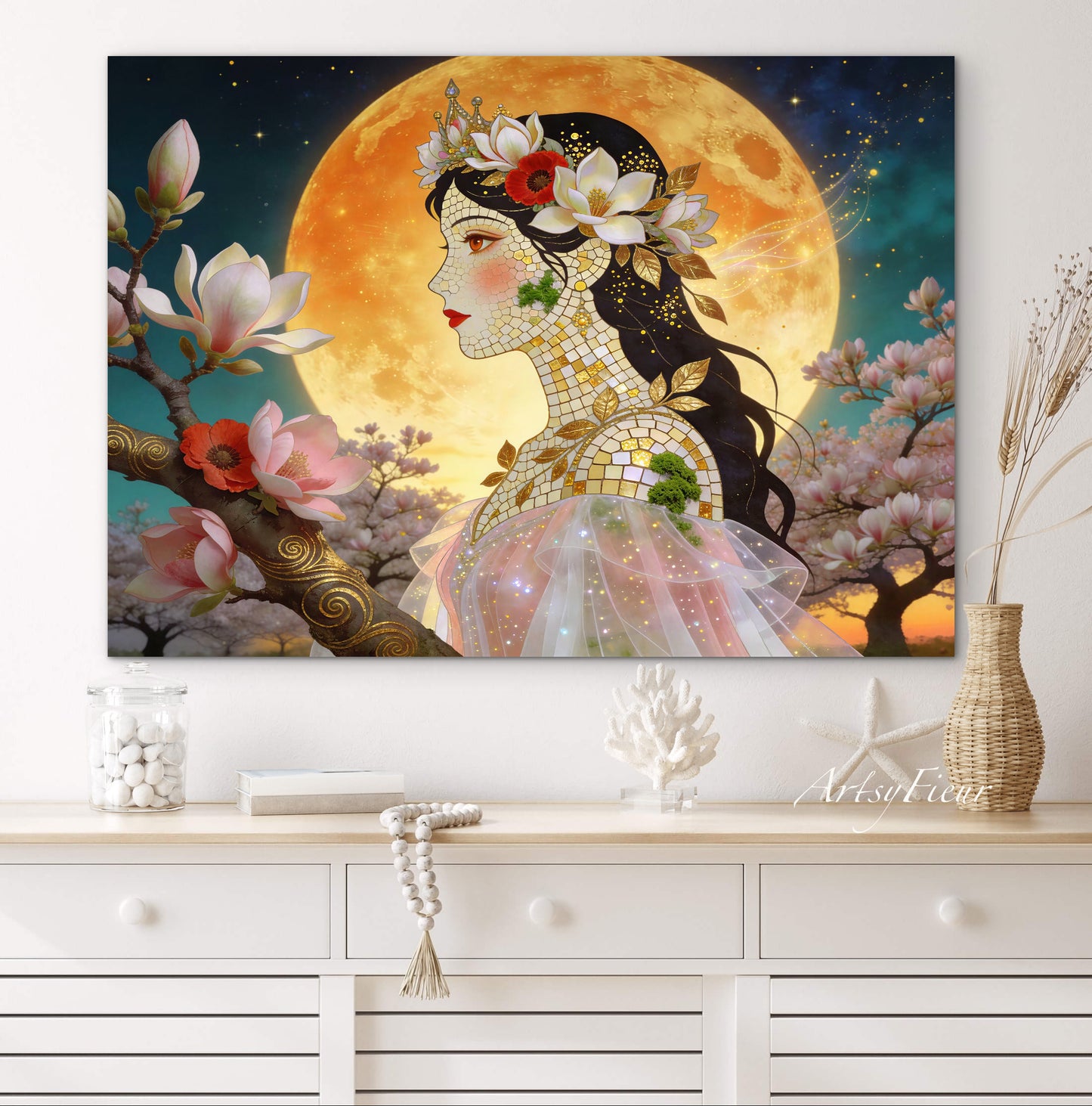 Framed Canvas- Vibrant Magnolia Flowers Beautiful Brunette Woman’s Abstract Portrait Mosaic Original Artwork Fantasy Wall Art Print Mother Nature