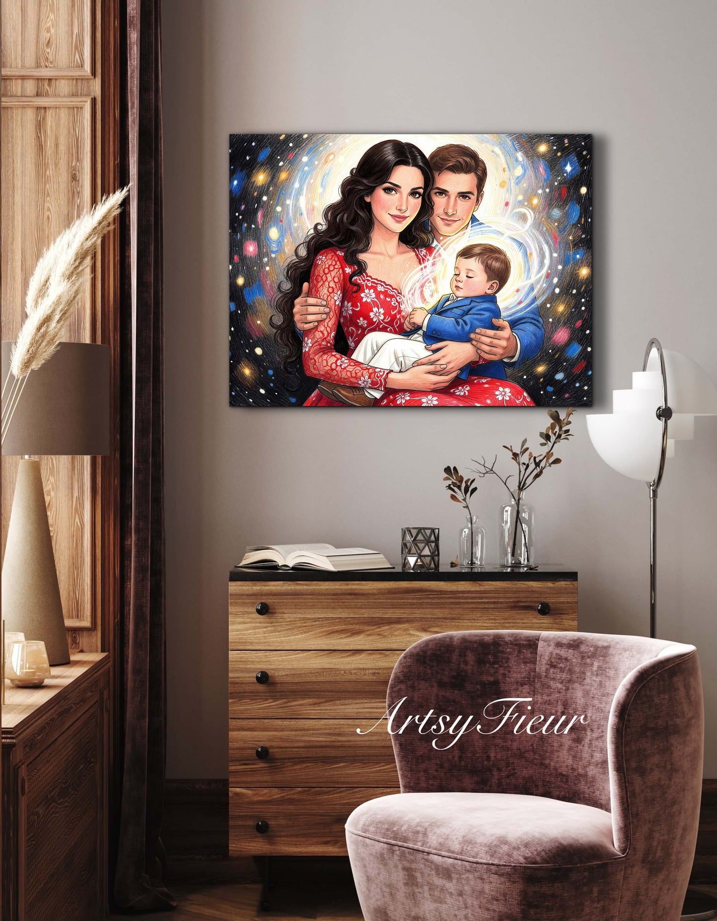 Framed Canvas- Vibrant Mother and Son Dad Family Portrait Fantasy Drawing Wall Art Print
