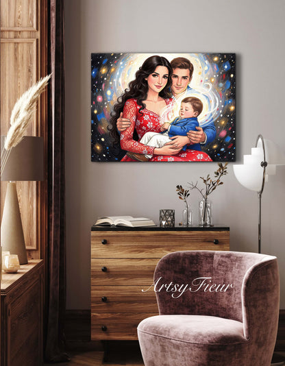 Framed Canvas- Vibrant Mother and Son Dad Family Portrait Fantasy Drawing Wall Art Print