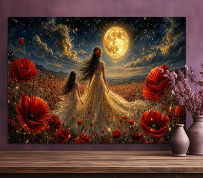 Framed Canvas- Vibrant Poppies Field Bride Mother and Daughter Portrait Whimsical Full Moon Sunset Fantasy Oil Painting Wall Art Print