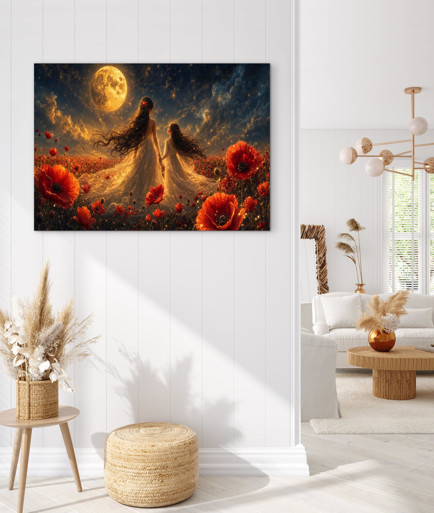 Framed Canvas- Vibrant Poppies Field Bride Mother and Daughter Portrait Whimsical Full Moon Sunset Fantasy Oil Painting Wall Art Print