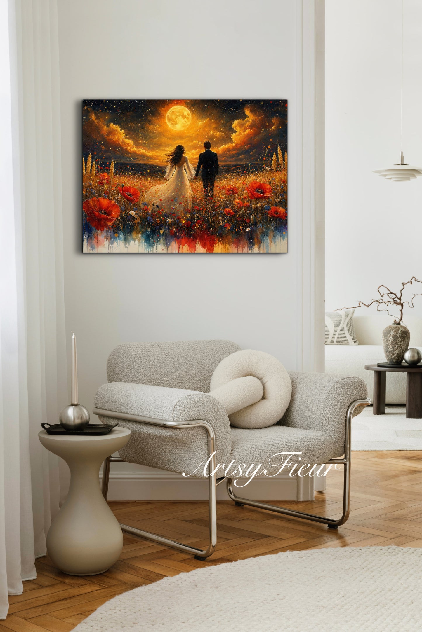 Framed canvas- whimsical full moon sunset -bride and groom, wedding gift, fantasy oil painting bedroom wall art print floral poppies field colourful vibrant colours
