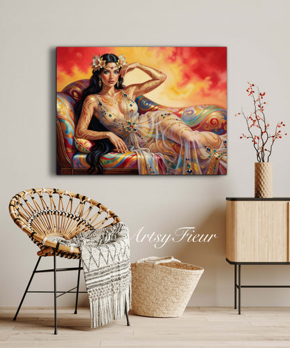 Framed canvas Beautiful Brunette on colourful sofa vibrant wall art abstract portrait, vibrant colours fantasy watercolour painting Ready to Hang Living Room Wall Art Print