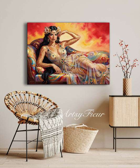 Framed canvas Beautiful Brunette on colourful sofa vibrant wall art abstract portrait, vibrant colours fantasy watercolour painting Ready to Hang Living Room Wall Art Print