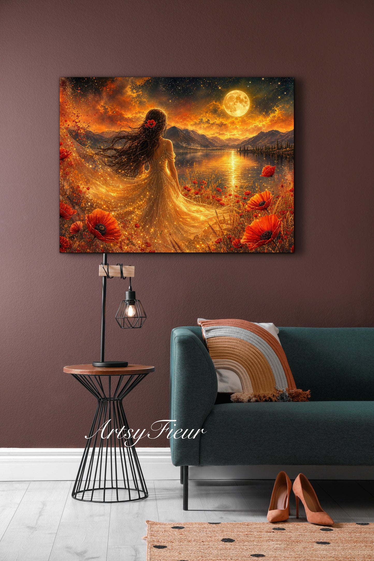 Framed Canvas - Vibrant poppies and wildflowers Whimsical Full Moon starry night sky Bride -Lady by the lake Wall Art Ready to hang original Artwork Print