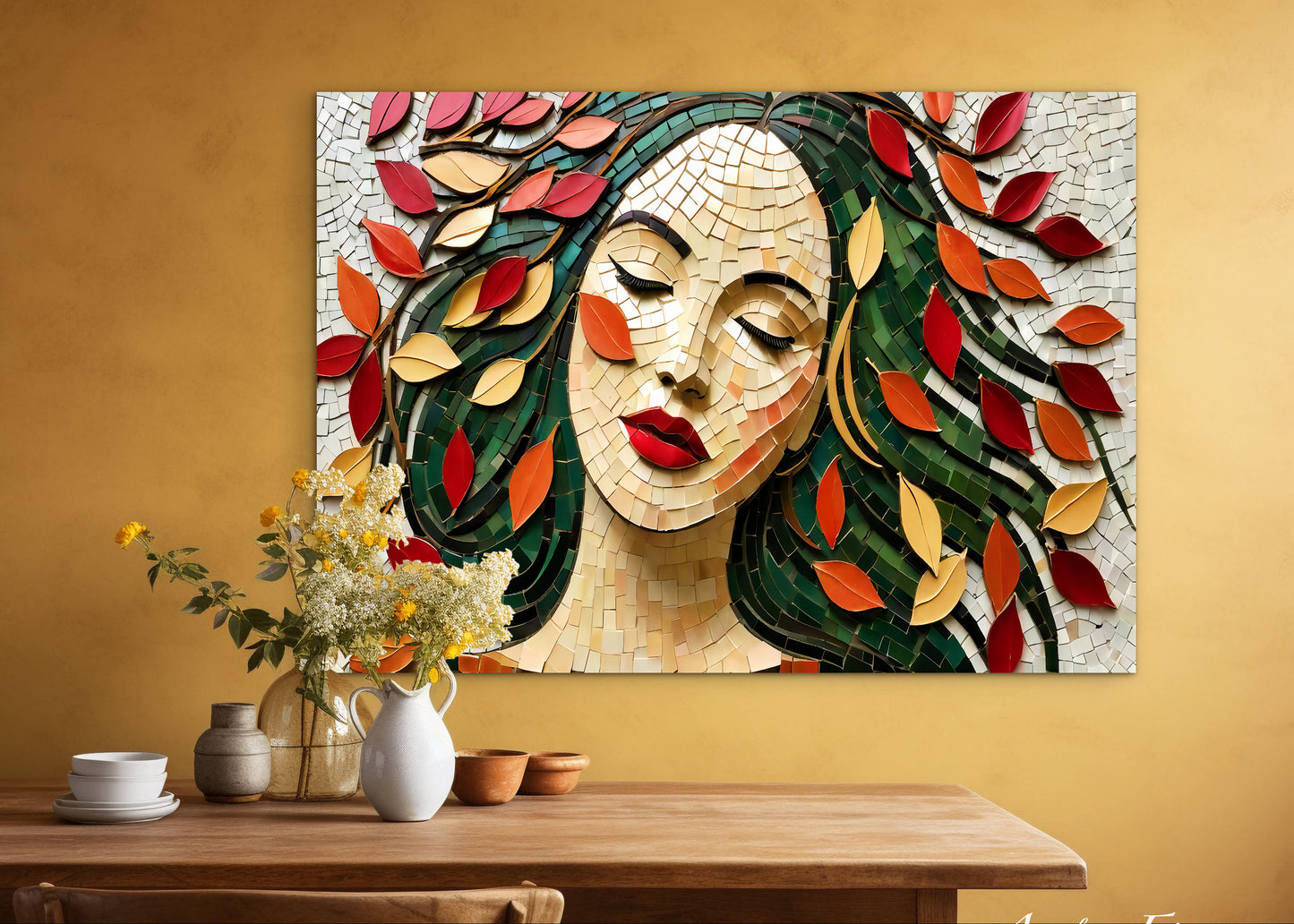 Framed Canvas- Vibrant Colours Beautiful Brunette Woman’s Abstract Portrait Mosaic Autumn Leaves Original Artwork Fantasy Wall Art Print