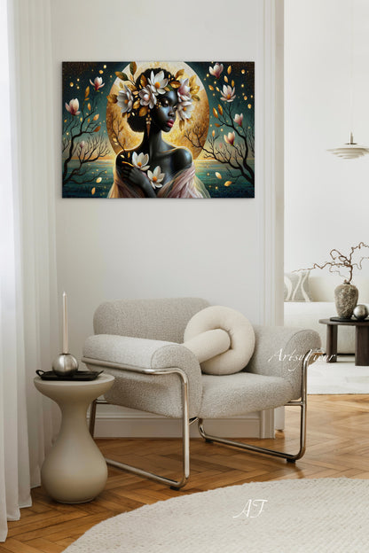 Framed Canvas- Vibrant Magnolia Flowers Beautiful Black Woman’s Abstract Portrait Mosaic Original Artwork Fantasy Wall Art Print