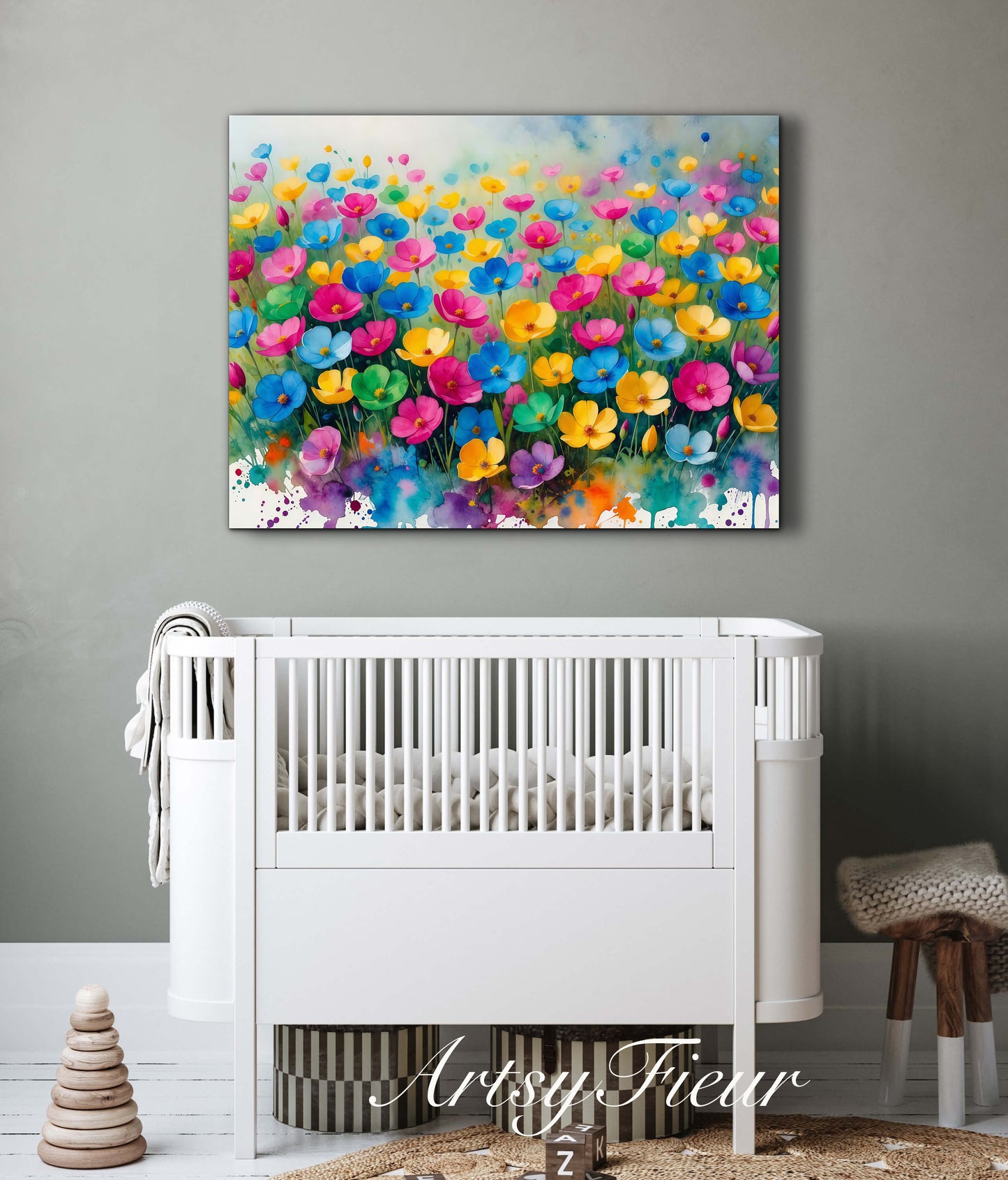 Framed canvas- ready to hang wall art print, beautiful vibrant colours watercolour fantasy painting wildflowers ,floral landscape, unique gift, one of a kind original artwork