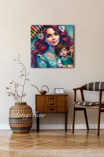 Framed canvas- ready to hang wall art print, colourful drawing abstract portrait mother and son vibrant colours, dark hair brunette beautiful woman , mum and baby boy, motherhood, mothers day gift, unique original artwork