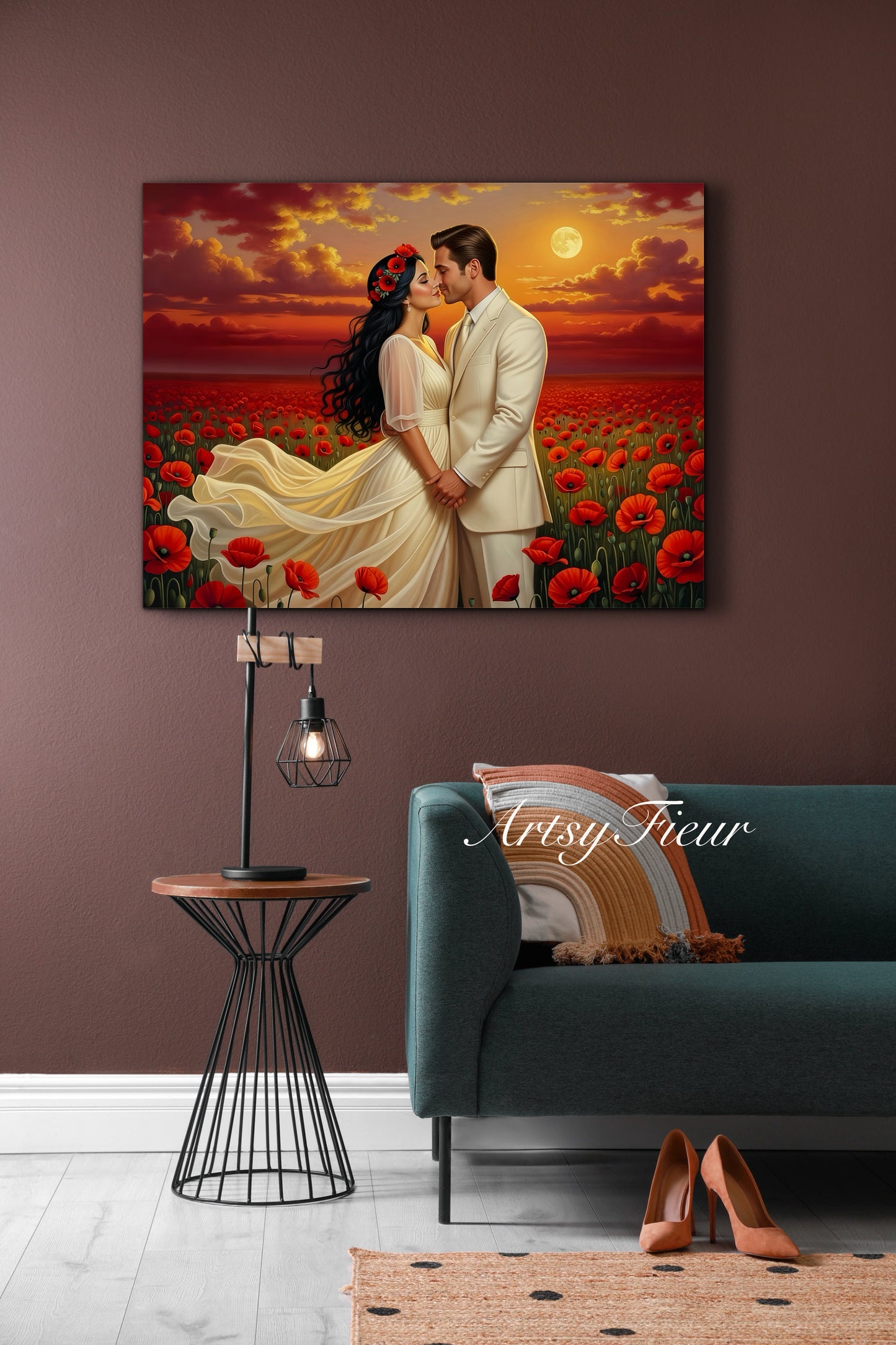 Framed canvas- whimsical full moon sunset bride and groom, wedding, poppy field, vibrant colours living room original artwork, fantasy oil painting wall art print