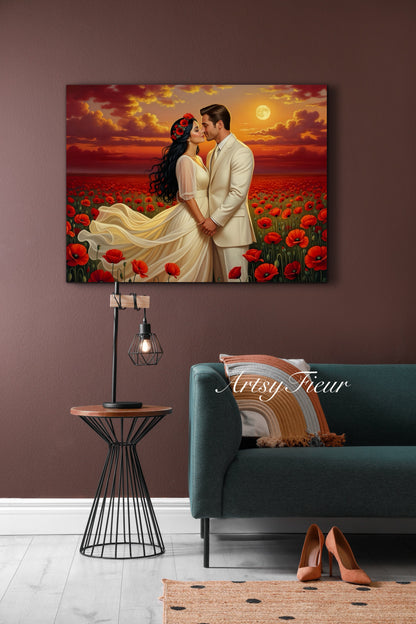Framed canvas- whimsical full moon sunset bride and groom, wedding, poppy field, vibrant colours living room original artwork, fantasy oil painting wall art print