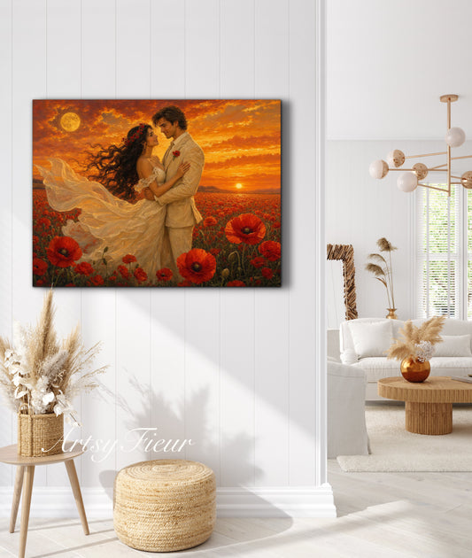 Framed canvas- whimsical full moon sunset bride and groom, wedding, poppy field, vibrant colours living room original artwork, fantasy oil painting wall art print