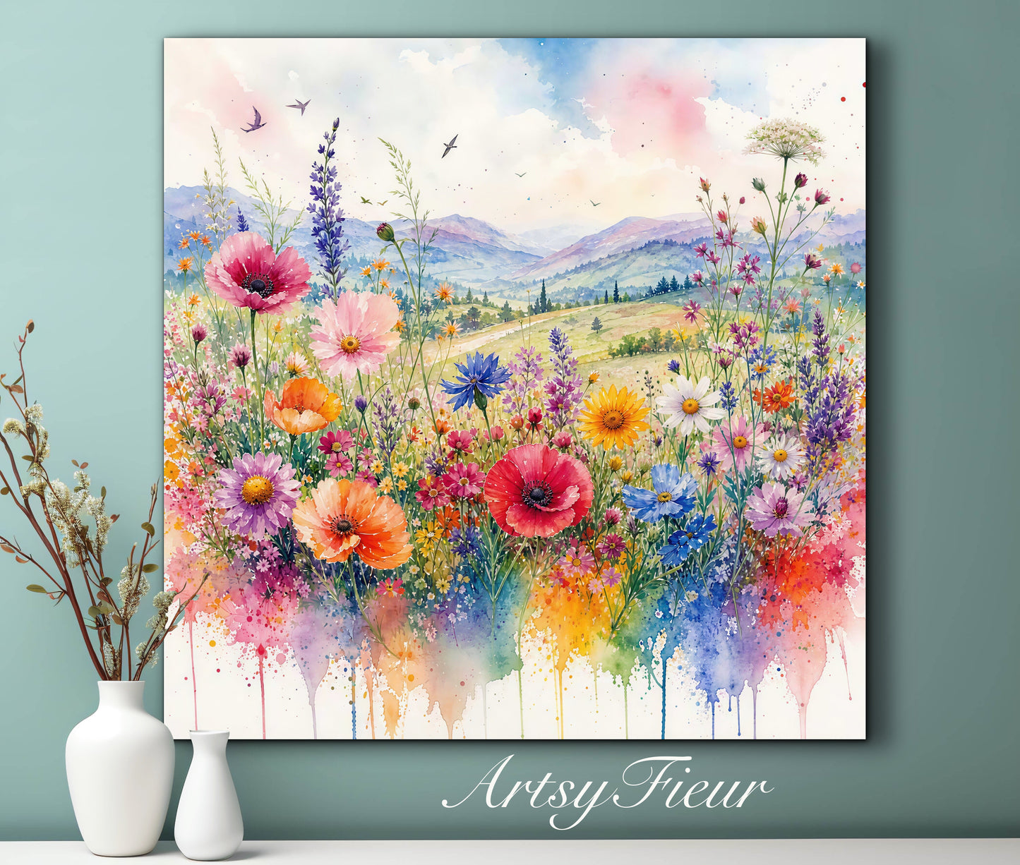 Framed Canvas- Original Artwork Vibrant Colours Wildflowers Watercolour Painting Abstract Colourful Landscape Living Room Wall Art Print