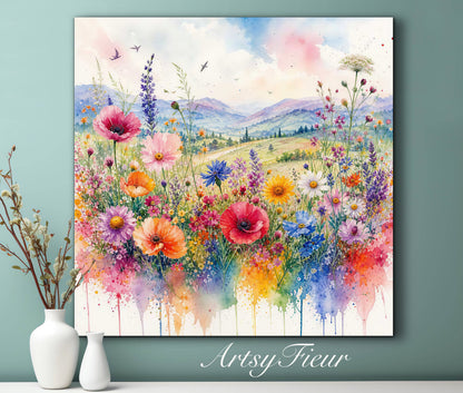 Framed Canvas- Original Artwork Vibrant Colours Wildflowers Watercolour Painting Abstract Colourful Landscape Living Room Wall Art Print