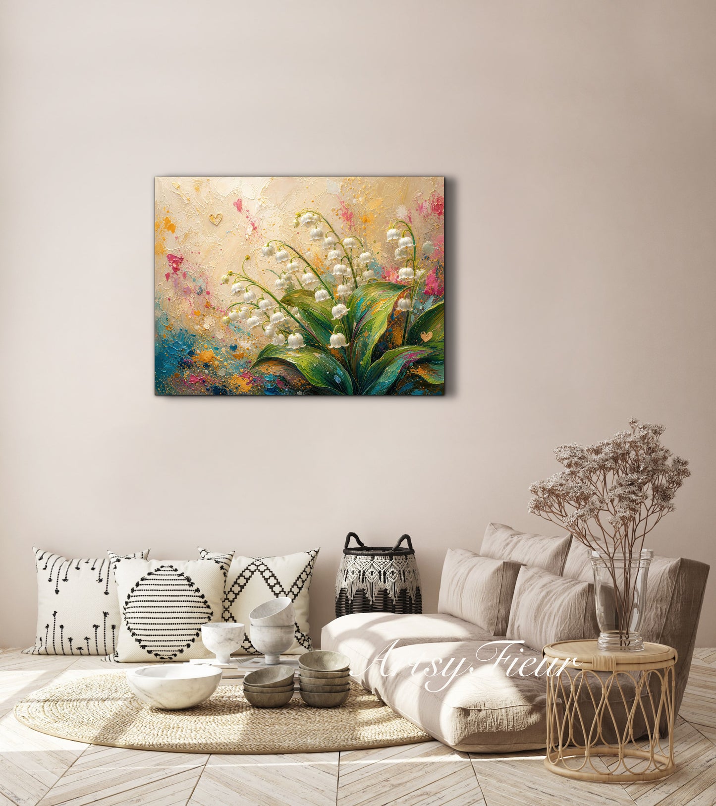 Framed Canvas Print- Vibrant Wildflowers and lily of the valley Oil Painting Textured Wall Art , Beautiful Original Artwork Ready to Hang Living Room, Floral