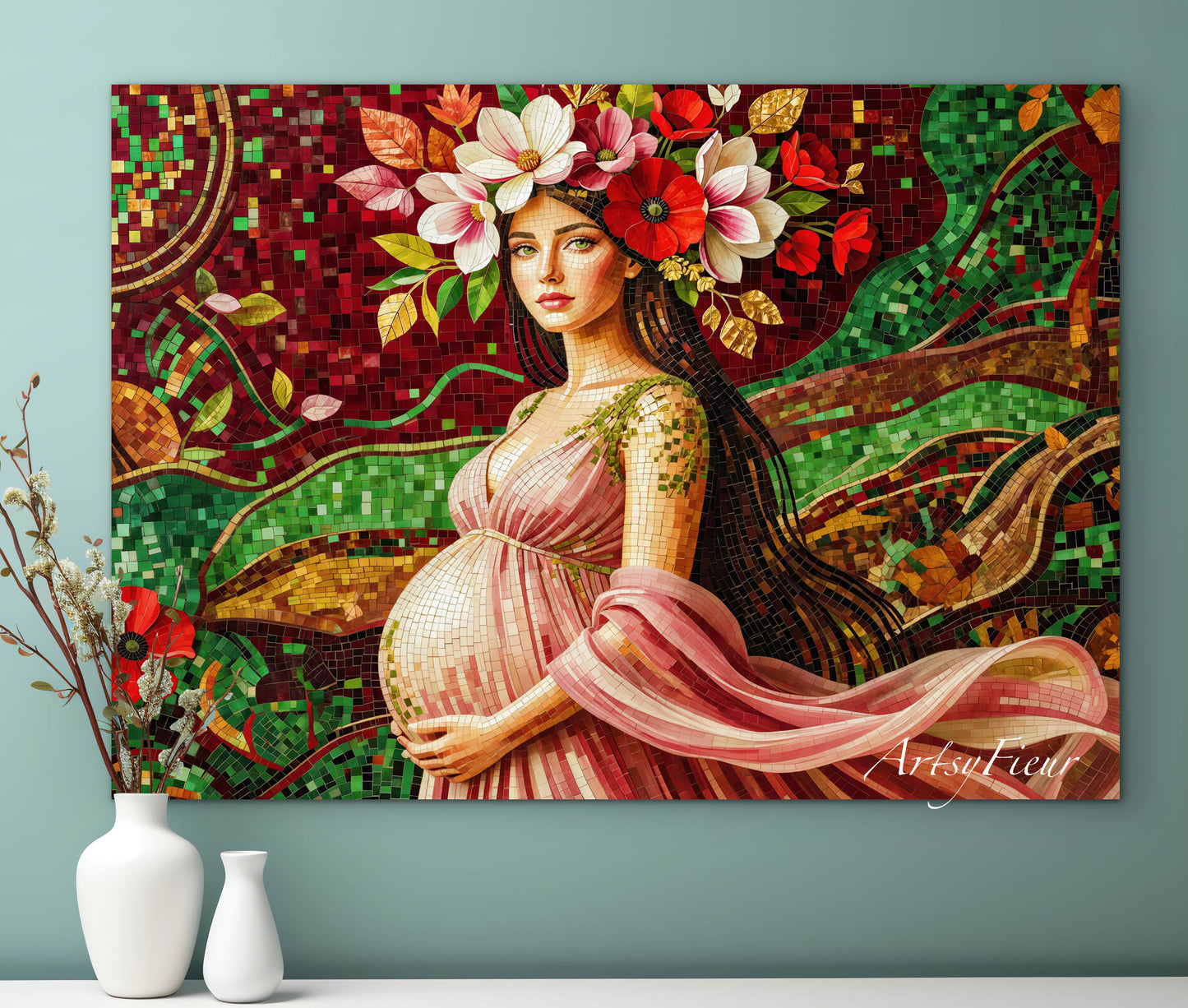 Framed Canvas- Vibrant Magnolia Flowers Beautiful Brunette Pregnant Woman’s Abstract Portrait Mosaic Original Artwork Fantasy Wall Art Print Mother Nature