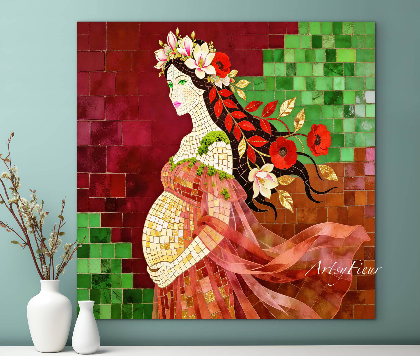 Framed Canvas- Vibrant Magnolia Flowers Beautiful Brunette Pregnant Woman’s Abstract Portrait Mosaic Original Artwork Fantasy Wall Art Print Mother Nature