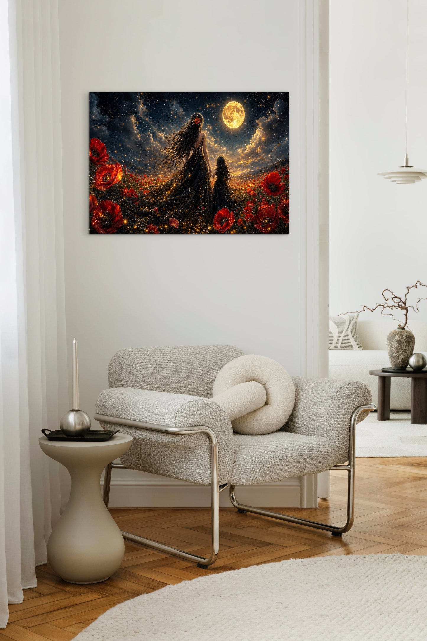 Framed Canvas- Vibrant Poppies Field Mother and Daughter Portrait Whimsical Full Moon Sunset Fantasy Oil Painting Wall Art Print
