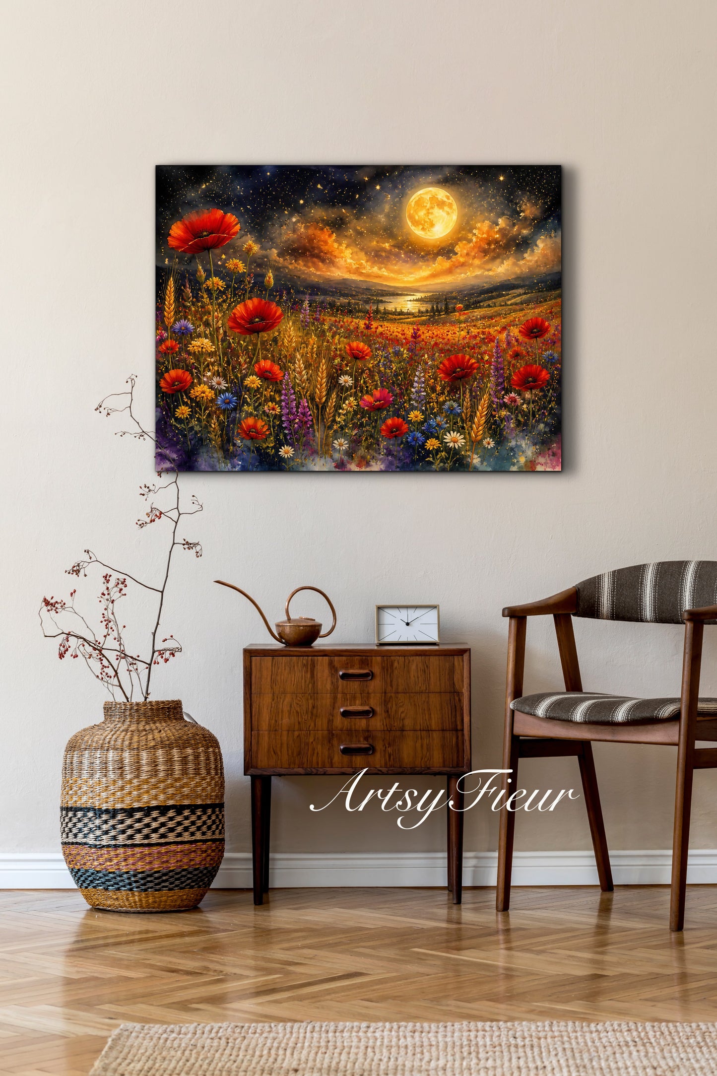 Framed Canvas Print- Vibrant Wildflowers and Poppies Oil Painting Textured Wall Art , Beautiful Original Artwork Ready to Hang Living Room, Floral