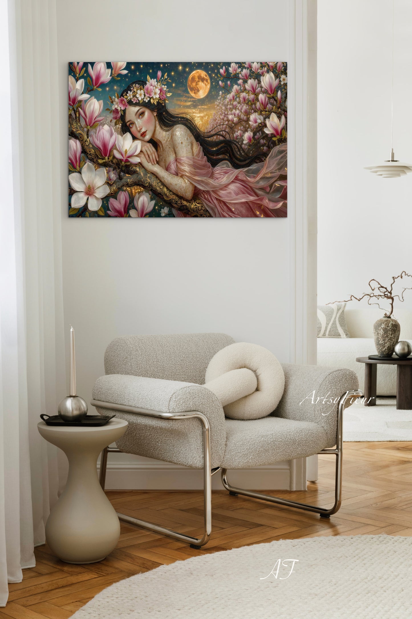 Framed Canvas- Vibrant Magnolia Flowers Beautiful Brunette Woman’s Abstract Portrait Mosaic Original Artwork Fantasy Wall Art Print